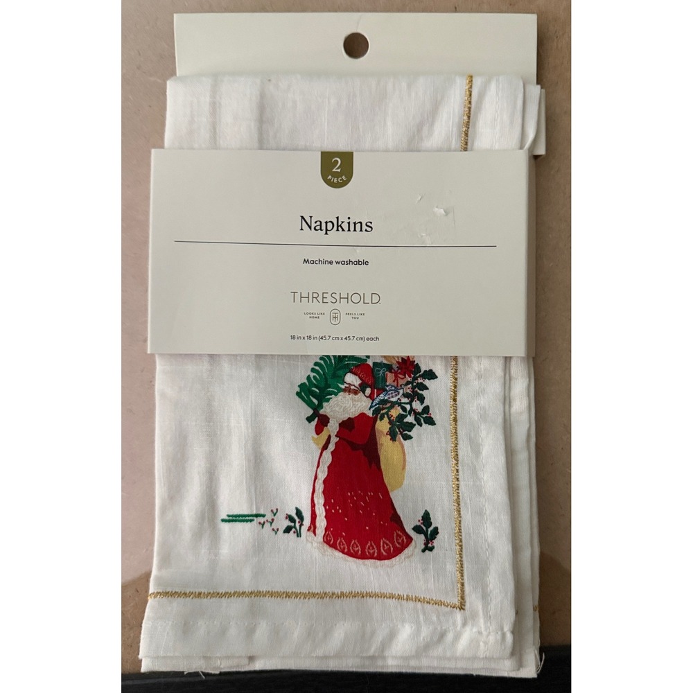 Threshold Christmas Napkins Set of 2 White Embroidered Santa Gold Trim new